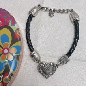 Brighton Heart Charm Bracelet Black Braided Leather Silver Plated Vintage & Tin